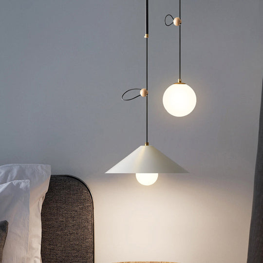 Opal Glass Multi Light Pendant Lamp With Iron Shade - Modern 2 Bulbs White/Black 10’/14’ Wide