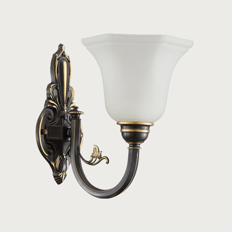 Traditional Metal Curved Arm Wall Lamp With Frosted Glass Shade