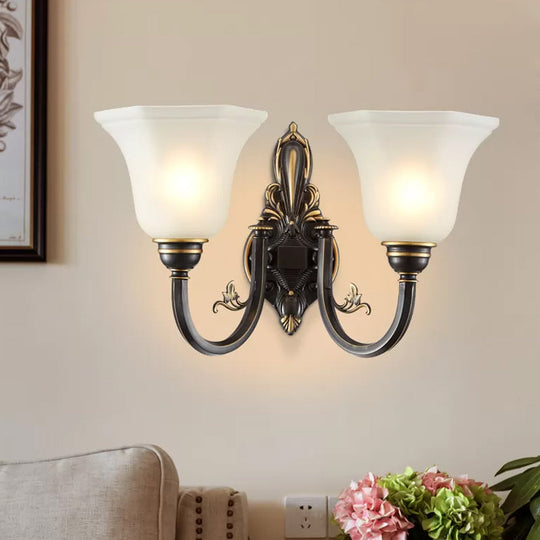 Traditional Metal Curved Arm Wall Lamp With Frosted Glass Shade