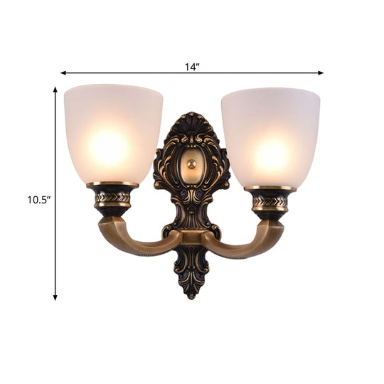 Classic Style Dome Frosted Glass Wall Mount Light Fixture With Brass Finish - 1 Or 2 Head Bedroom