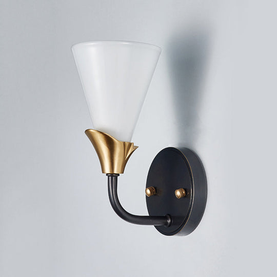 Country Style Wall Sconce Light - Brass Finish White Glass Cone Shade 1/2-Bulb Mount