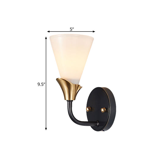 Country Style Wall Sconce Light - Brass Finish White Glass Cone Shade 1/2-Bulb Mount