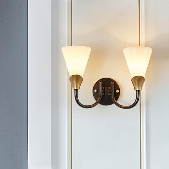 Country Style Wall Sconce Light - Brass Finish White Glass Cone Shade 1/2-Bulb Mount