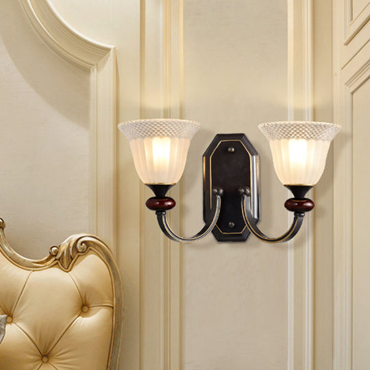 Metal Black Wall Mounted Curved Arm 1/2-Light Countryside Lighting Fixture With Clear Glass Shade