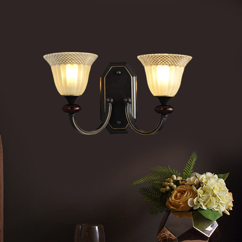 Metal Black Wall Mounted Curved Arm 1/2-Light Countryside Lighting Fixture With Clear Glass Shade