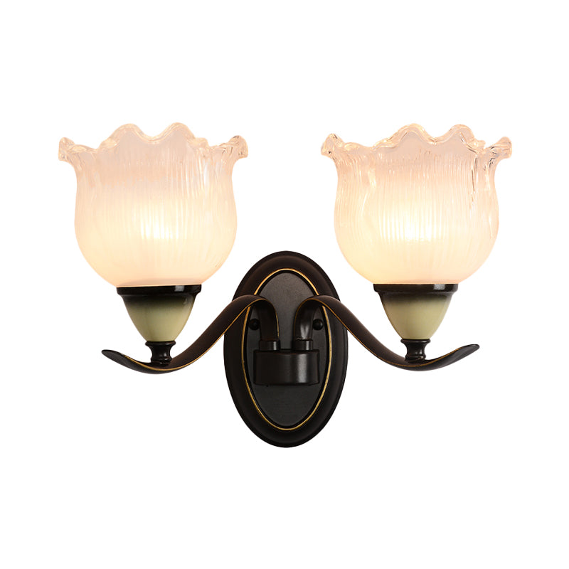 Black Ribbed Glass Flower Sconce Lamp - Countryside Lighting For Living Room Wall Mounted