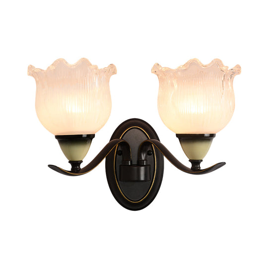Black Ribbed Glass Flower Sconce Lamp - Countryside Lighting For Living Room Wall Mounted