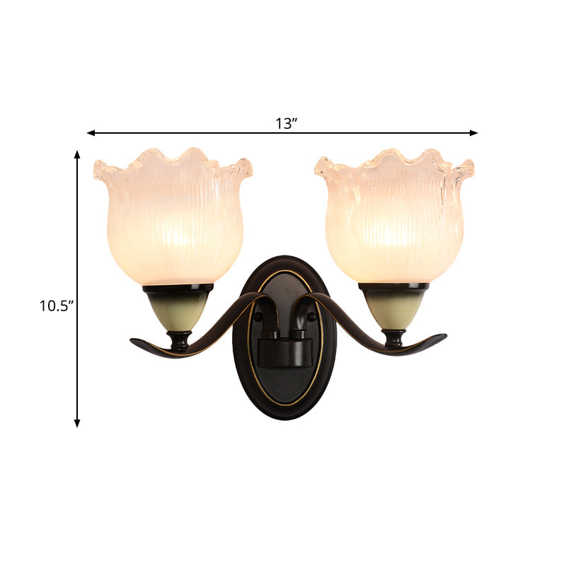 Black Ribbed Glass Flower Sconce Lamp - Countryside Lighting For Living Room Wall Mounted