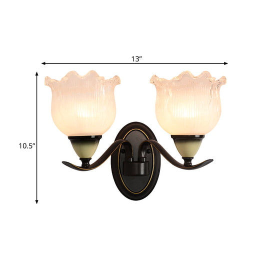 Black Ribbed Glass Flower Sconce Lamp - Countryside Lighting For Living Room Wall Mounted