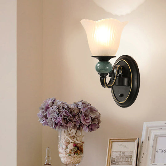 Traditional Wall Mounted Black Flared Lamp With Opal Ribbed Glass And Swirl Arm For Bedroom Sconce 1