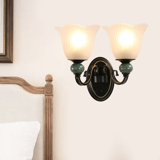 Traditional Wall Mounted Black Flared Lamp With Opal Ribbed Glass And Swirl Arm For Bedroom Sconce