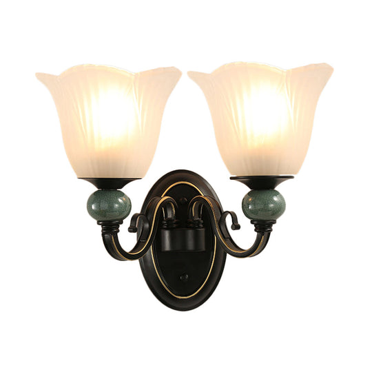 Traditional Wall Mounted Black Flared Lamp With Opal Ribbed Glass And Swirl Arm For Bedroom Sconce