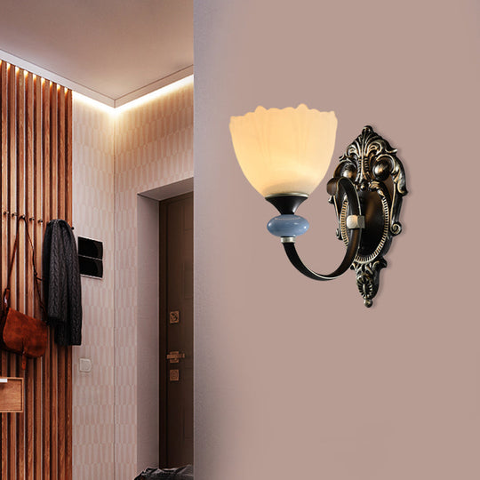 Countryside Corridor Wall Lamp With Bowl Frosted Glass Shade - Black