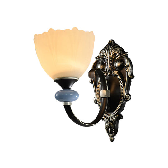 Countryside Corridor Wall Lamp With Bowl Frosted Glass Shade - Black