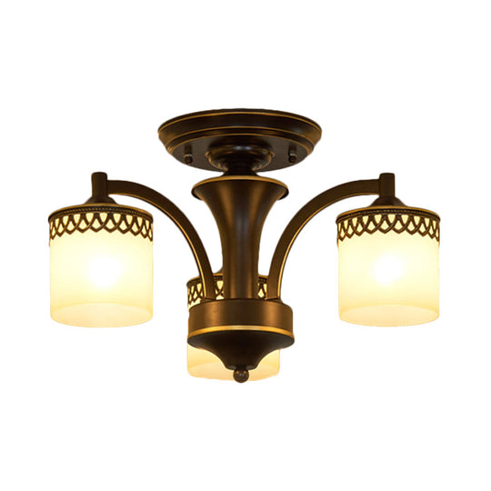 Classic Black Semi Mount Cylinder Ceiling Light Fixture With Twisted Arm - 3/6 Bulbs Tan Glass