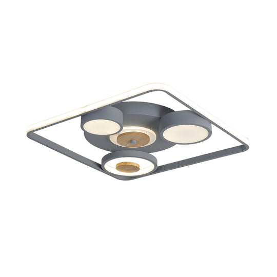 Modern Grey Square Led Ceiling Light With Nordic Iron Finish And Wood Accent