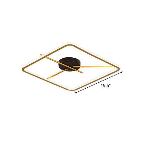 Minimalist Aluminum Flush Mount Ceiling Light With Square Black-Gold Frame And Rod Fixture Arm -