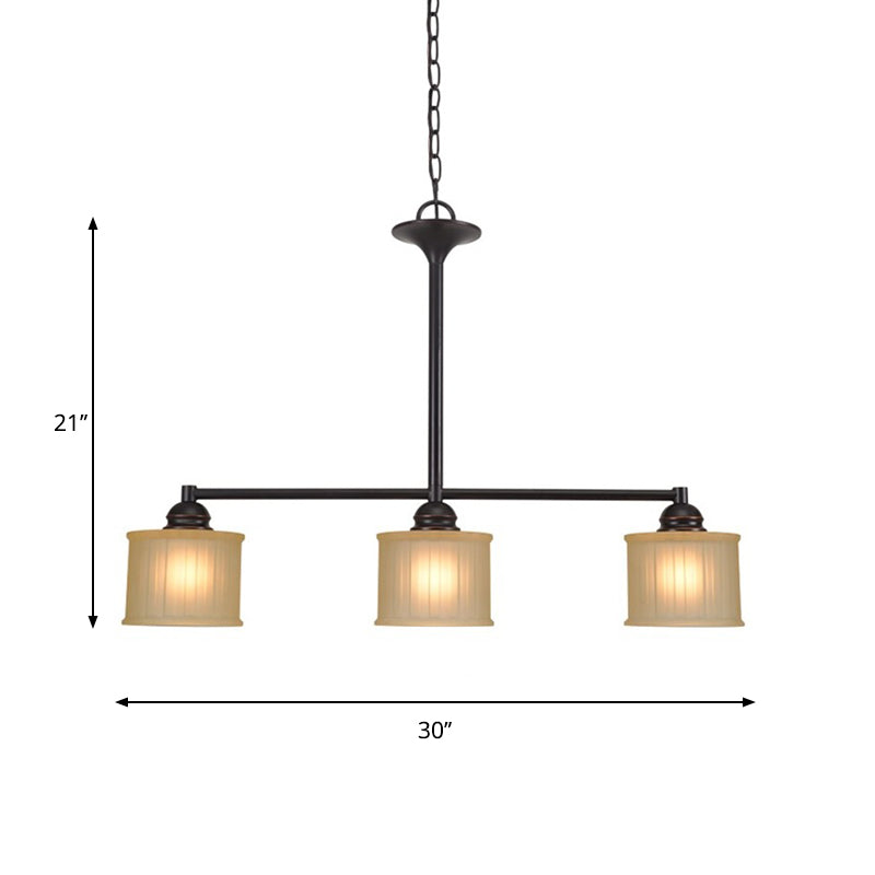 Traditional 3-Head Island Light In Tan Glass & Black Drum Design For Dining Room