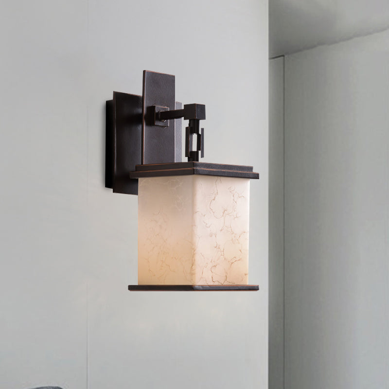Farmhouse Black Wall Mount Lamp Fixture With Tan Crackled Glass Cuboid