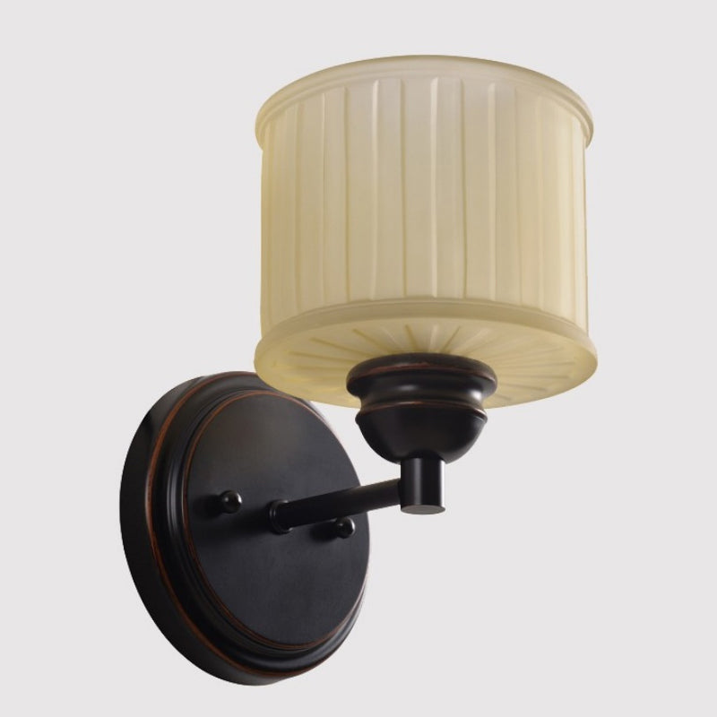 Small Drum Sconce Lighting - Country Style Wall Mounted Lamp With Black Finish And Tan Glass