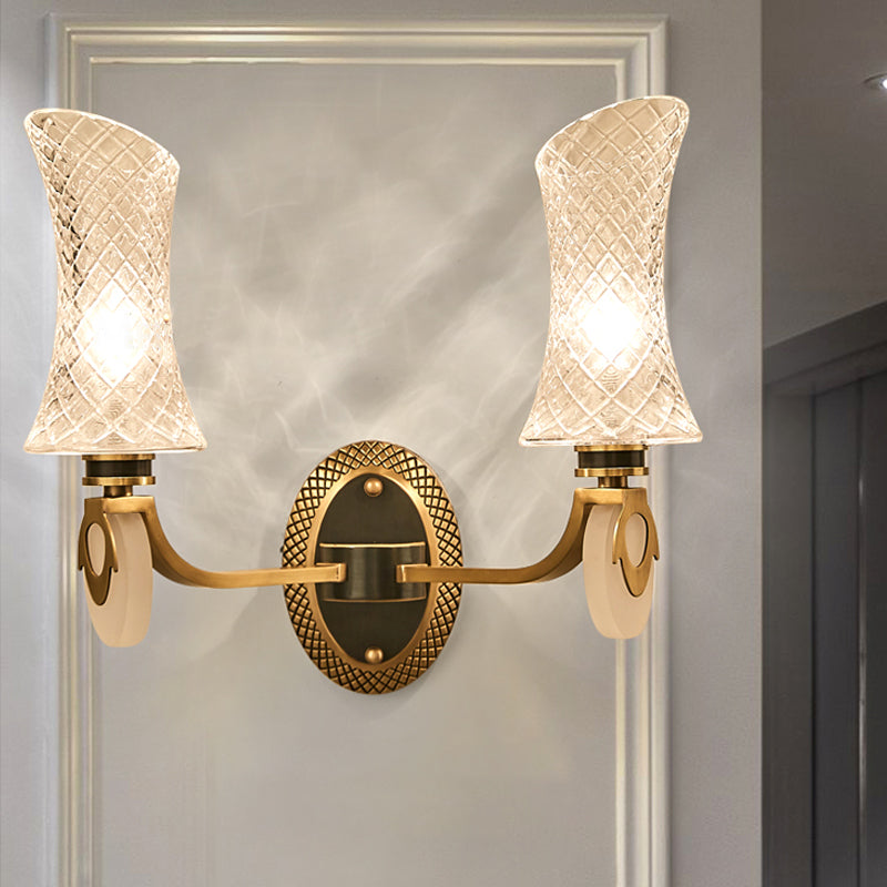 Traditional Brass Finish Arc Wall Lamp With Clear Latticed Glass - Half Light Mounted