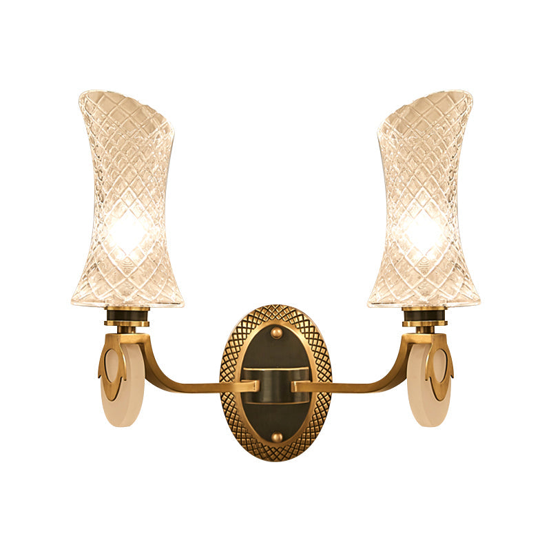 Traditional Brass Finish Arc Wall Lamp With Clear Latticed Glass - Half Light Mounted