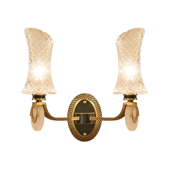 Traditional Brass Finish Arc Wall Lamp With Clear Latticed Glass - Half Light Mounted