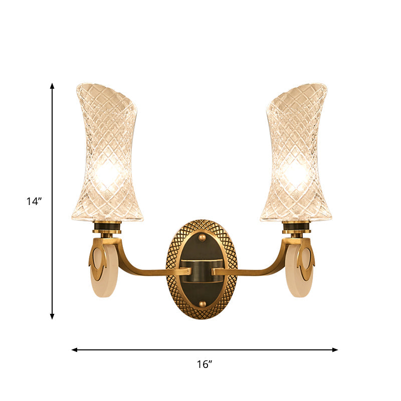 Traditional Brass Finish Arc Wall Lamp With Clear Latticed Glass - Half Light Mounted