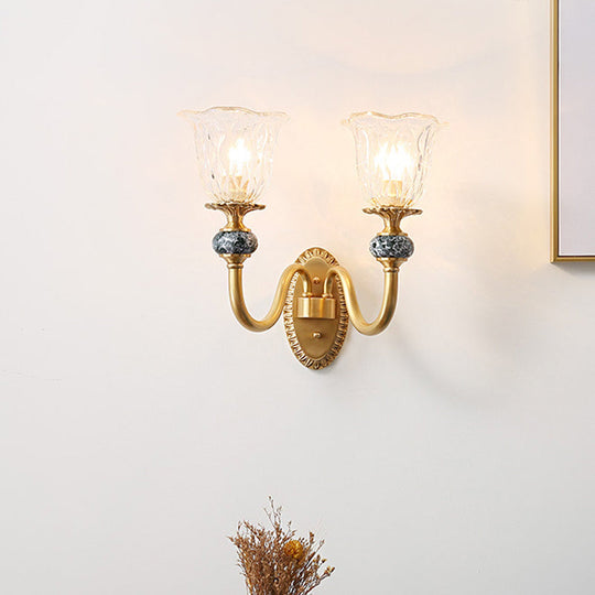 Contemporary Flower Wall Sconce - Clear Glass Lamp In Brass Finish