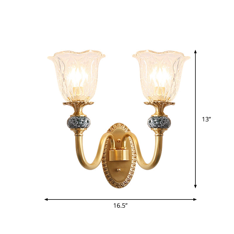 Contemporary Flower Wall Sconce - Clear Glass Lamp In Brass Finish