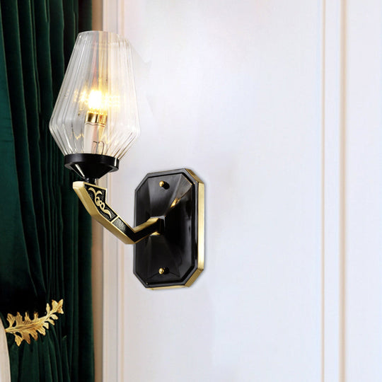 Traditional Diamond Clear Ribbed Glass Up Wall Light Fixture - Black | 1 Head Mount Lamp