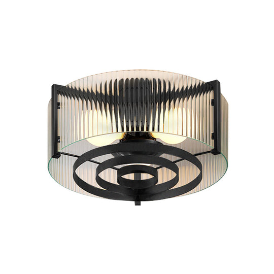 Modernist Black Glass Round Flushmount - Clear Trellis/Stripe 3 Bulbs Bedroom Flush Mounted Light