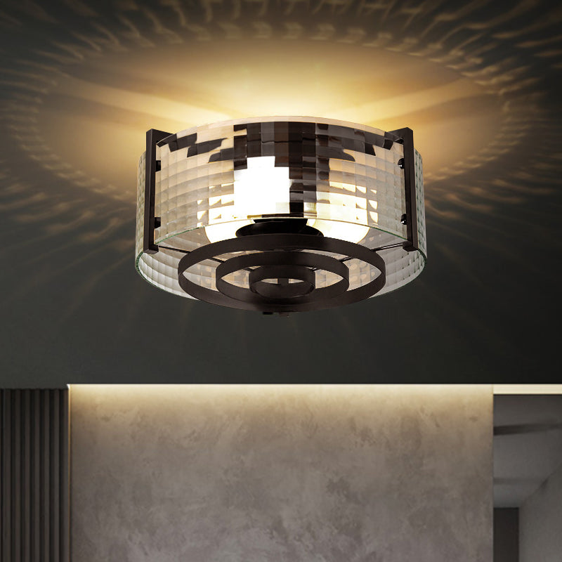 Modernist Black Glass Round Flushmount - Clear Trellis/Stripe 3 Bulbs Bedroom Flush Mounted Light