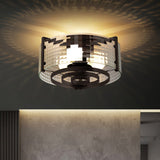 Modernist Black Glass Round Flushmount - Clear Trellis/Stripe 3 Bulbs Bedroom Flush Mounted Light