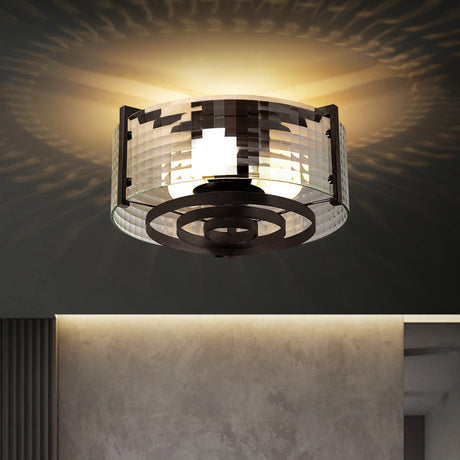 Modernist Black Glass Round Flushmount - Clear Trellis/Stripe 3 Bulbs Bedroom Flush Mounted Light
