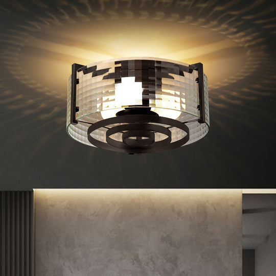 Modernist Black Glass Round Flushmount - Clear Trellis/Stripe 3 Bulbs Bedroom Flush Mounted Light