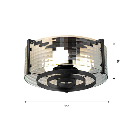 Modernist Black Glass Round Flushmount - Clear Trellis/Stripe 3 Bulbs Bedroom Flush Mounted Light