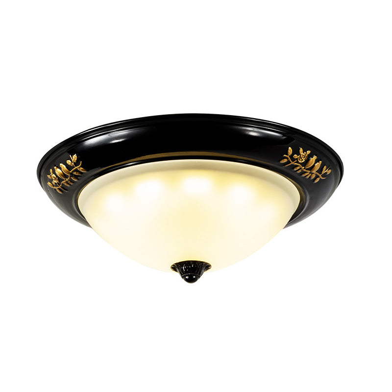 Vintage Black Flush Ceiling Light With Opal Glass Shade For Traditional Living Rooms