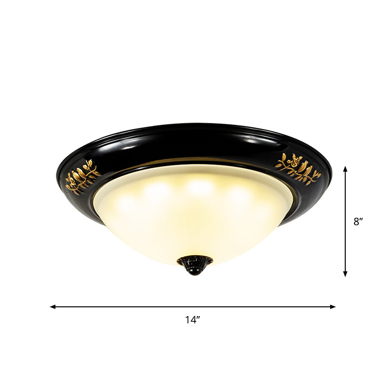 Vintage Black Flush Ceiling Light With Opal Glass Shade For Traditional Living Rooms