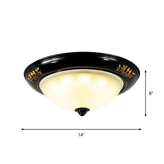 Vintage Black Flush Ceiling Light With Opal Glass Shade For Traditional Living Rooms