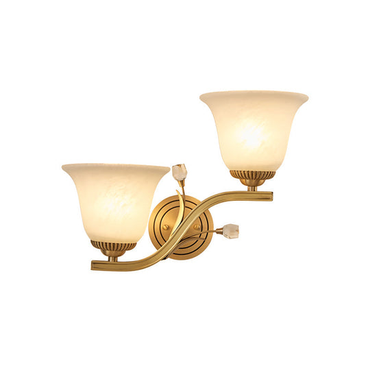 Brass 1/2-Light Wall Sconce With Colonial Frosted Glass Bell Shade - Elegant Corridor Lamp