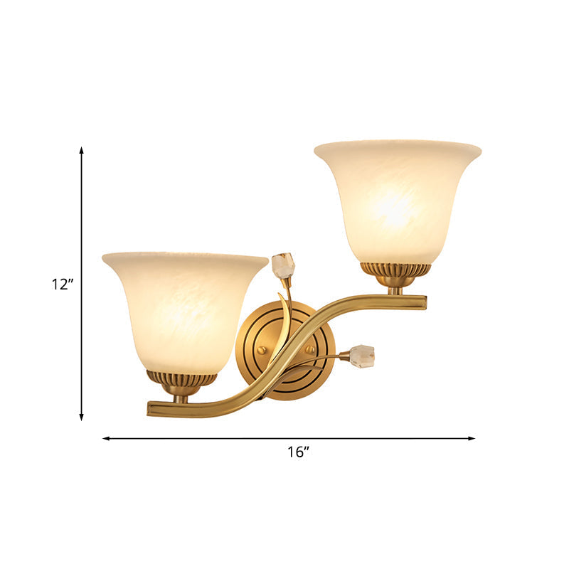 Brass 1/2-Light Wall Sconce With Colonial Frosted Glass Bell Shade - Elegant Corridor Lamp