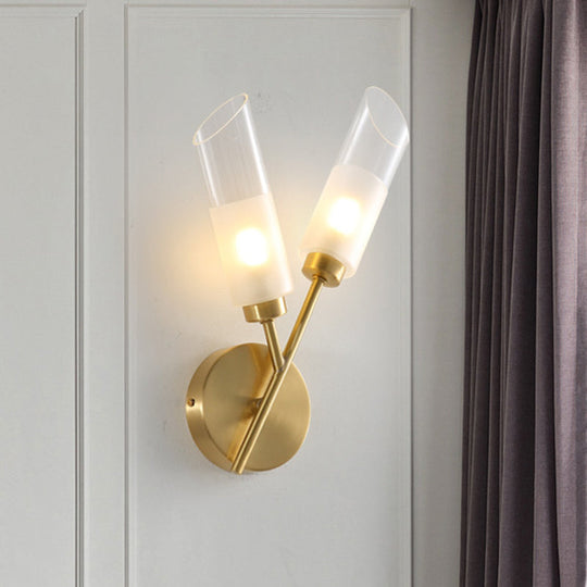 Traditional Brass Finish Wall Sconce Light - 2 Bulbs Tube Mount Lamp With Clear Glass Indoor