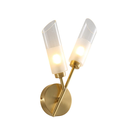 Traditional Brass Finish Wall Sconce Light - 2 Bulbs Tube Mount Lamp With Clear Glass Indoor