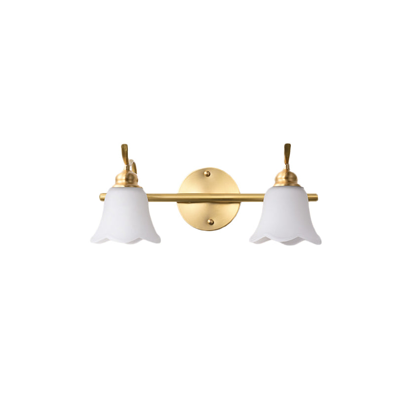 Traditional Brass Bathroom Wall Sconce With Flower Cream Glass Shade - 2/3 Bulbs Vanity Light