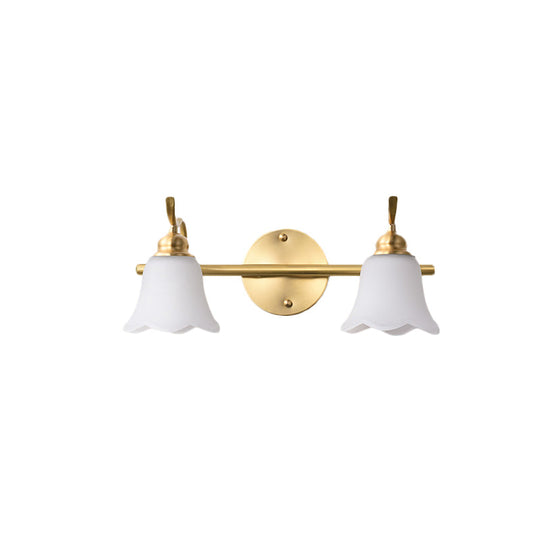 Traditional Brass Bathroom Wall Sconce With Flower Cream Glass Shade - 2/3 Bulbs Vanity Light