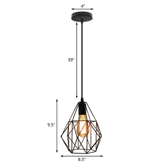 Industrial Diamond Cage Pendant Light In Black Finish - Perfect For Dining Room Ceilings