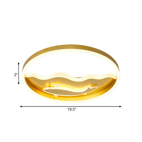 Kids Style Super Thin Led Flush-Mount Ceiling Light With Fish/Apple Pattern In Gold - Acrylic