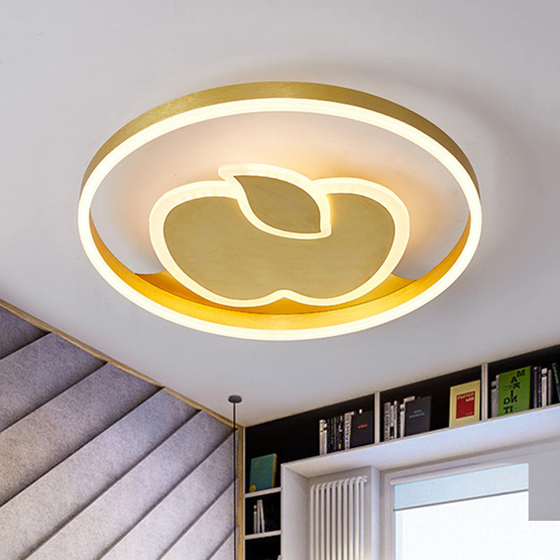 Kids Style Super Thin Led Flush-Mount Ceiling Light With Fish/Apple Pattern In Gold - Acrylic