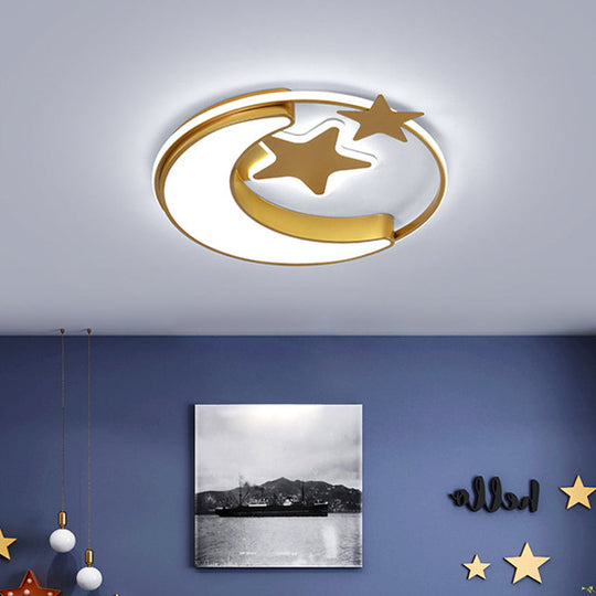 Contemporary Acrylic Flushmount Light For Kids Bedroom - Crescent And Star Design In Pink/Gold/Blue
